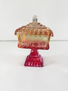 Vintage Amber Red Glass Covered Dish Trinket Box Candy Dish Gift